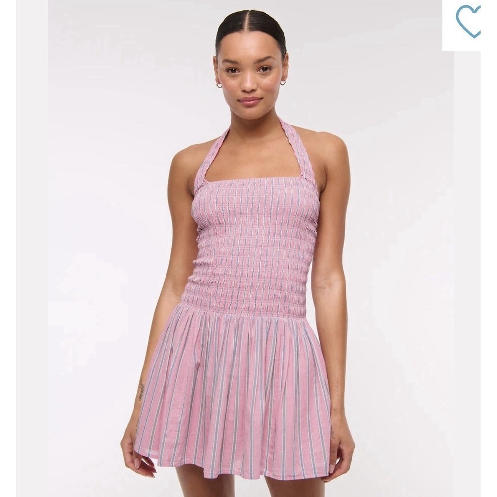Abercrombie & Fitch Women's Drop Waist Smocked Mini Dress Pink Striped LT Preppy
